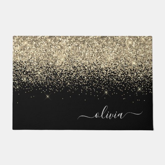 Gold Black Glitzer Script Monogram Girlaname Fußmatte (Vorderseite)