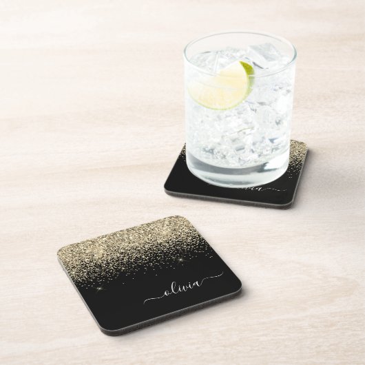 Gold Black Glitzer Script Monogram Girlaname Getränkeuntersetzer (Rechte Seite)