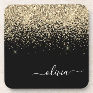Gold Black Glitzer Script Monogram Girlaname Getränkeuntersetzer
