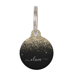 Gold Black Glitzer Script Monogram Girlaname Haustiermarke