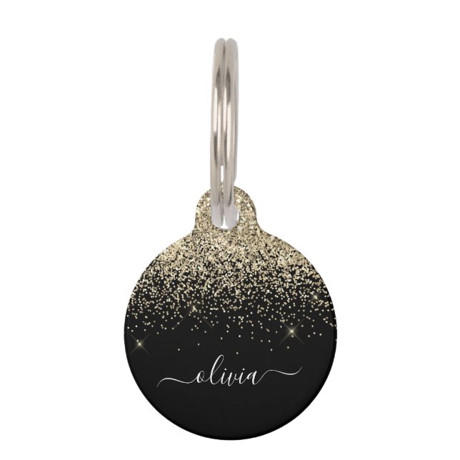 Gold Black Glitzer Script Monogram Girlaname Haustiermarke (Vorderseite)
