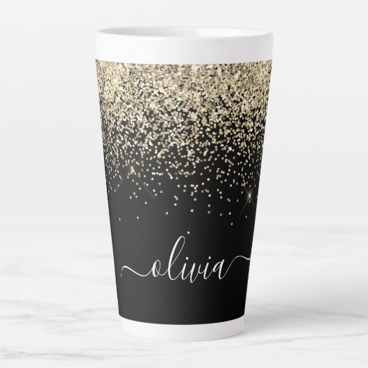 Gold Black Glitzer Script Monogram Girlaname Milchtasse (Vorderseite)