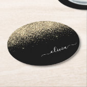 Gold Black Glitzer Script Monogram Girlaname Runder Pappuntersetzer (Angewinkelt)