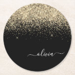 Gold Black Glitzer Script Monogram Girlaname Runder Pappuntersetzer<br><div class="desc">Monogram Name Paper-Untersetzer für Schwarz und Gold Sparkle Glitzer Script. Dies macht den perfekten Abschluss,  Geburtstag,  Hochzeit,  Brautparty,  Jubiläum,  Babydusche oder Junggeselinnen-Abschied Geschenk für jemanden,  die Lieben glamourösen Luxus und schicke Stile.</div>