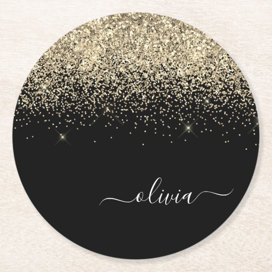 Gold Black Glitzer Script Monogram Girlaname Runder Pappuntersetzer (Vorderseite)