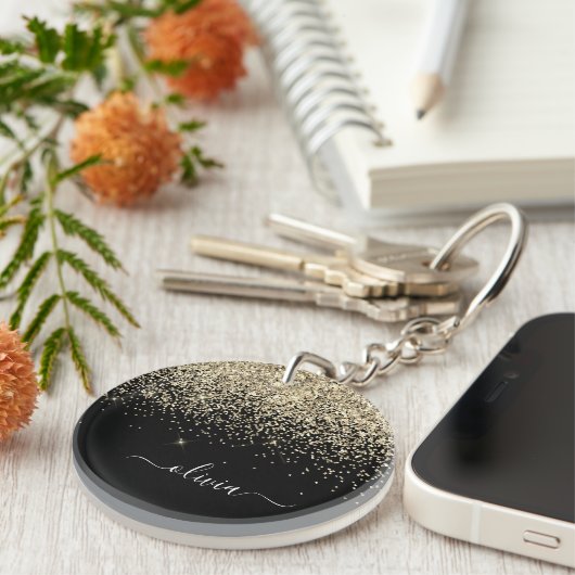 Gold Black Glitzer Script Monogram Girlaname Schlüsselanhänger (Vorderseite rechts)