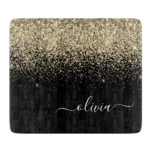 Gold Black Glitzer Script Monogram Girlaname Schneidebrett