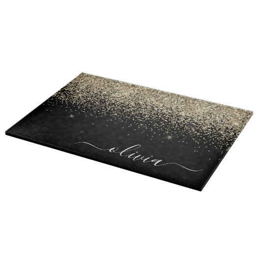 Gold Black Glitzer Script Monogram Girlaname Schneidebrett (Ecke)