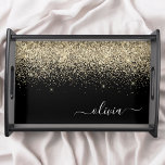 Gold Black Glitzer Script Monogram Girlaname Serviertablett<br><div class="desc">Schwarze und goldene Imitate Sparkle Glitzer Script Monogram Name Place Serviertablett. Dies macht den perfekten Abschluss,  Geburtstag,  Hochzeit,  Brautparty,  Jubiläum,  Babydusche oder Junggeselinnen-Abschied Geschenk für jemanden,  die Lieben glamourösen Luxus und schicke Stile.</div>