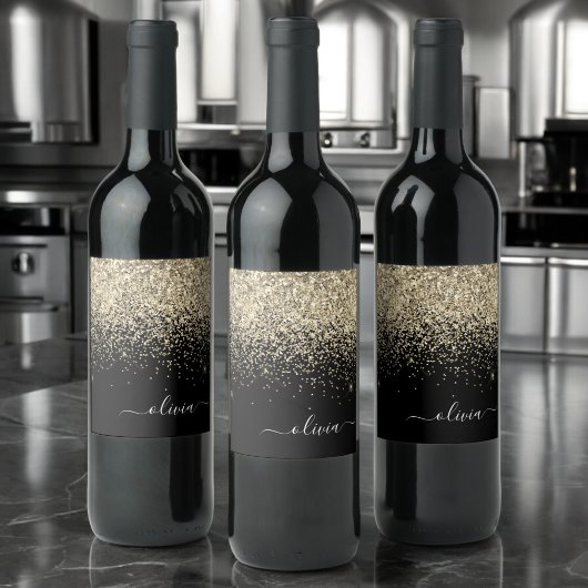 Gold Black Glitzer Script Monogram Girlaname Weinetikett