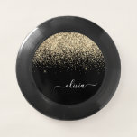 Gold Black Glitzer Script Monogram Girlaname Wham-O Frisbee<br><div class="desc">Schwarz und Gold Sparkle Glitzer Script Monogram Name Frisbee. Dies macht den perfekten Abschluss,  Geburtstag,  Hochzeit,  Brautparty,  Jubiläum,  Babydusche oder Junggeselinnen-Abschied Geschenk für jemanden,  die Lieben glamourösen Luxus und schicke Stile.</div>