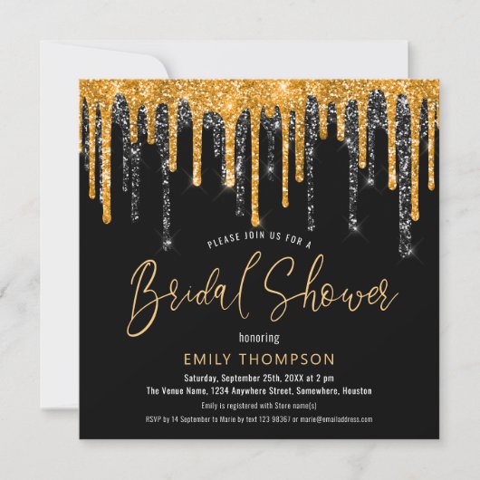 Gold Black Glitzer Tropfen Script Brautparty Einladung (Vorderseite)