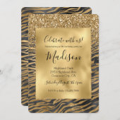 Gold Black Glitzy Glitzer Sparkle Zebra Print Einladung (Vorne/Hinten)