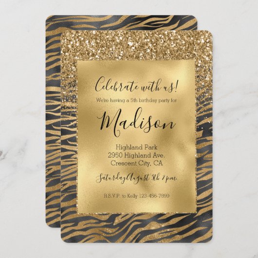 Gold Black Glitzy Glitzer Sparkle Zebra Print Einladung (Vorne/Hinten)