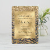 Gold Black Glitzy Glitzer Sparkle Zebra Print Einladung (Stehend Vorderseite)