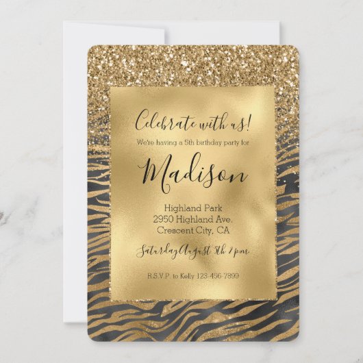Gold Black Glitzy Glitzer Sparkle Zebra Print Einladung (Vorderseite)