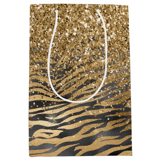Gold Black Glitzy Glitzer Sparkle Zebra Print Mittlere Geschenktüte (Vorderseite)