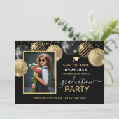 Gold Black Graduation Party Foto Save the Date Einladung (Stehend Vorderseite)