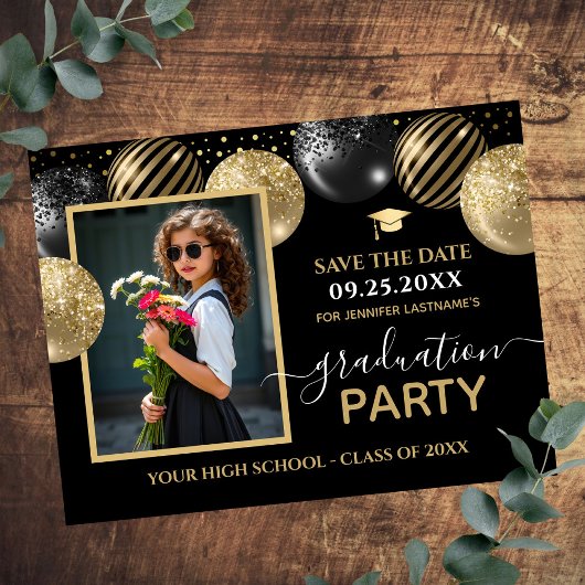 Gold Black Graduation Party Foto Save the Date Postkarte