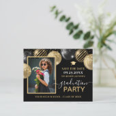 Gold Black Graduation Party Foto Save the Date Postkarte (Stehend Vorderseite)