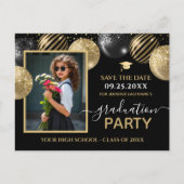 Gold Black Graduation Party Foto Save the Date Postkarte (Vorderseite)