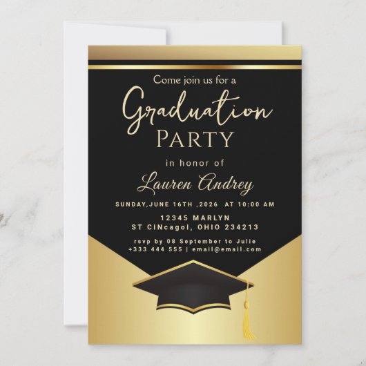 Gold Black Graduation Party Invitation Einladung (Vorderseite)