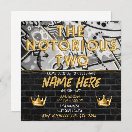 Gold Black Graffiti Crown Notorious ZWEI Geburtsta Einladung (Vorne/Hinten)