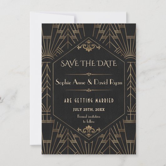 Gold Black Great Gatsby 20 Hochzeit speichern das  Einladung (Vorderseite)