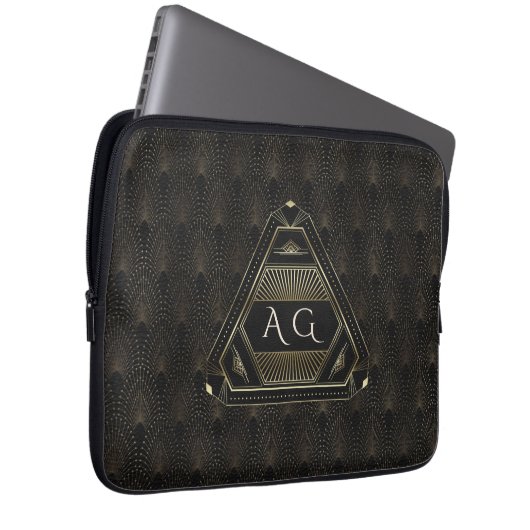 Gold Black Great Gatsby Art Deco 20s Monogram Laptopschutzhülle (Vorne Rechts)