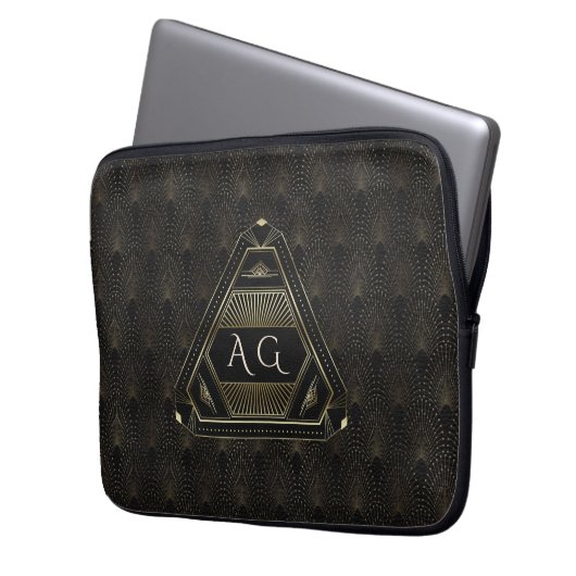 Gold Black Great Gatsby Art Deco 20s Monogram Laptopschutzhülle (Vorderseite Links)