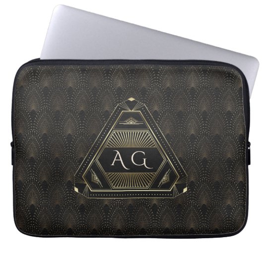 Gold Black Great Gatsby Art Deco 20s Monogram Laptopschutzhülle (Vorderseite)