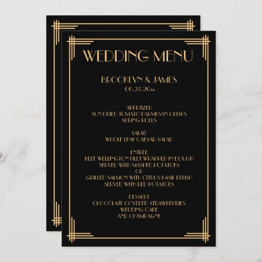 Gold Black Great Gatsby Art Deco Hochzeitsmenü Menükarte (Vorne/Hinten)