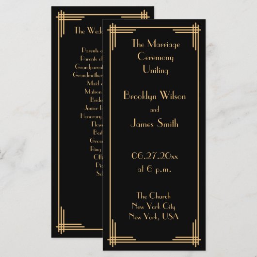 Gold Black Great Gatsby Art Deco Wedding Programm (Vorne/Hinten)