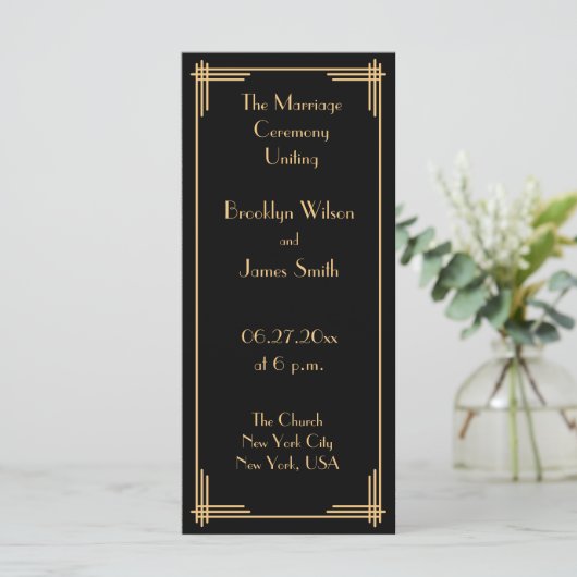 Gold Black Great Gatsby Art Deco Wedding Programm (Stehend Vorderseite)