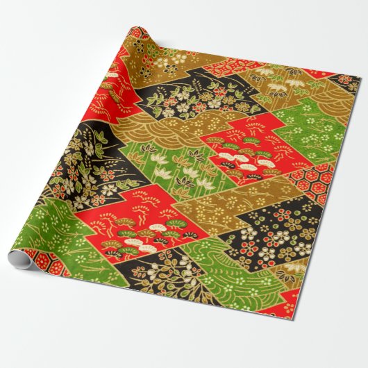 Gold Black Green Kimono Floral Decoupage Geschenkpapier (Ungerollt)