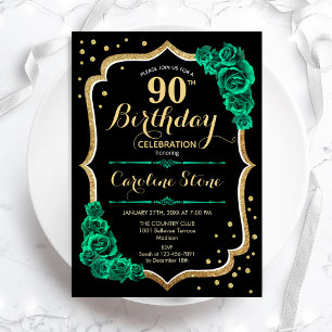 Gold Black Green Rose 90. Geburtstag Einladung