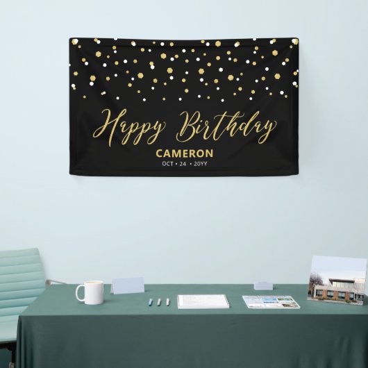Gold Black Hexagon Confetti Custom Happy Birthday Banner (Messeveranstaltung)