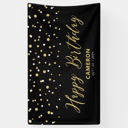 Gold Black Hexagon Confetti Custom Happy Birthday Banner (Vertikal)