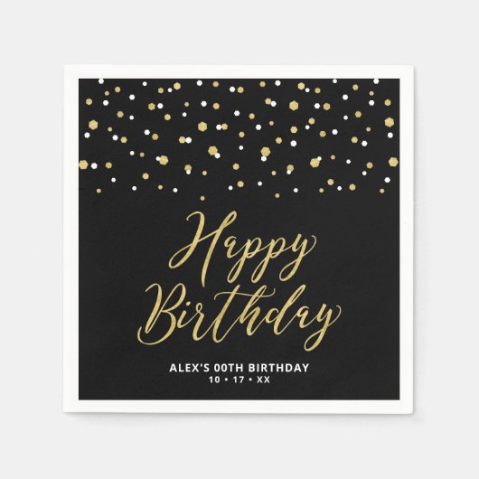 Gold Black Hexagon Confetti Custom Happy Birthday Serviette (Vorderseite)