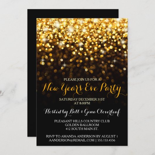 Gold Black Hollywood Glam Silvester Party Einladung (Vorne/Hinten)