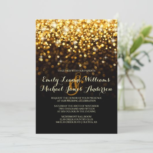 Gold Black Hollywood Glitz Glam Wedding Einladung (Stehend Vorderseite)