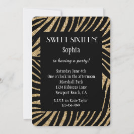Gold Black Imitats Glitzer Zebra 16 . Geburtstag Einladung