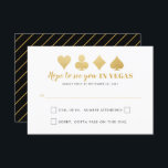 Gold Black Las Vegas Wedding Sign Funny Wording RSVP Karte<br><div class="desc">Eine elegante, goldfarbene und schwarze Las Vegas Wedding-Antwortkarte mit lustigen Kartenworten für die uAwg und ein Imitat Gold mit Kartensymbolen für Karo-Clubs, Pik-Clubs und Herzen auf der anderen Seite. Das typografische Design koordiniert mit unserer kompletten Casino- und Vegas Stripsuite, die im Paper Traube Destinations Zazzle Designer Store erhältlich ist. Die...</div>