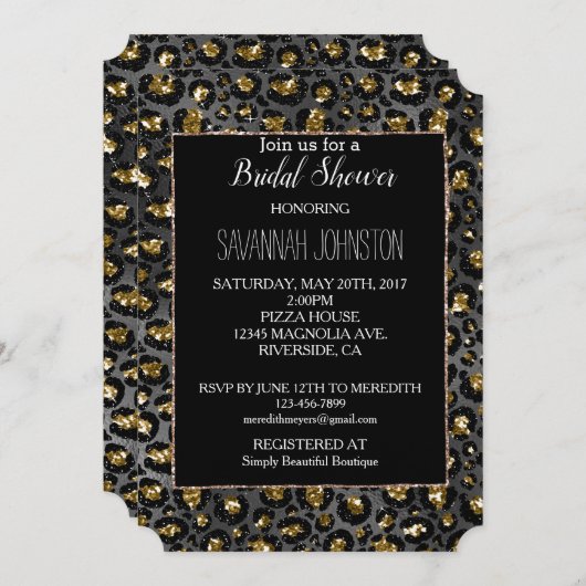 Gold Black Leopard Glitzer Einladung (Vorne/Hinten)