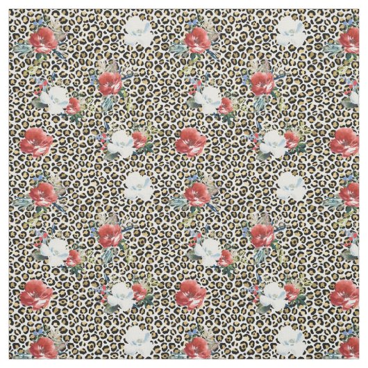 Gold Black Leopard Print Red White Blume Stoff (Muster)
