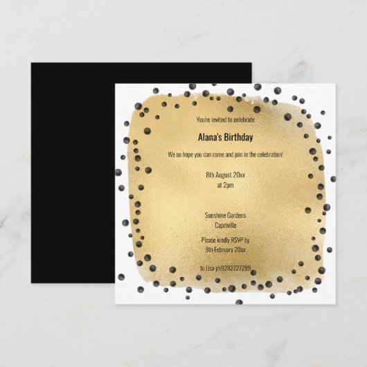 GOLD BLACK LEOPARD TIERE DIAMOND SQUARE GEBURTSTAG EINLADUNG (Vorne/Hinten)