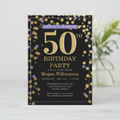 Gold Black Lila Surprise 50. Geburtstag Einladung (Stehend Vorderseite)