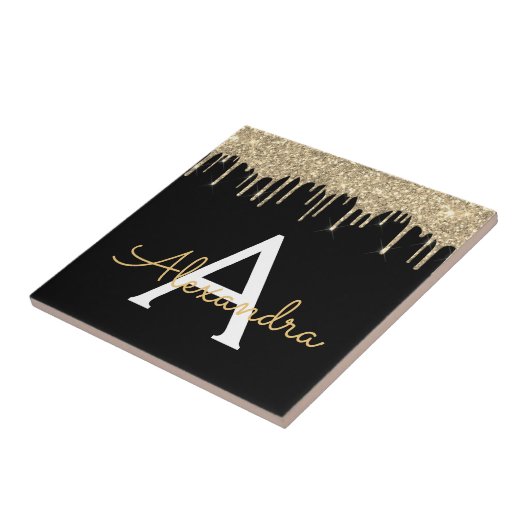 Gold Black Luxe Glitzer Glam Monogram Name Fliese (Seite)