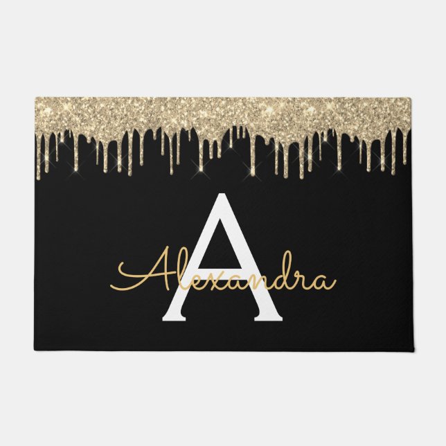Gold Black Luxe Glitzer Glam Monogram Name Fußmatte (Vorderseite)
