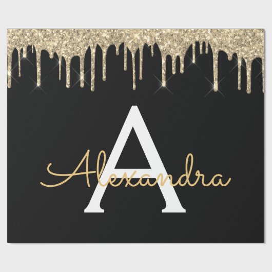 Gold Black Luxe Glitzer Glam Monogram Name Geschenkpapier (Flach)